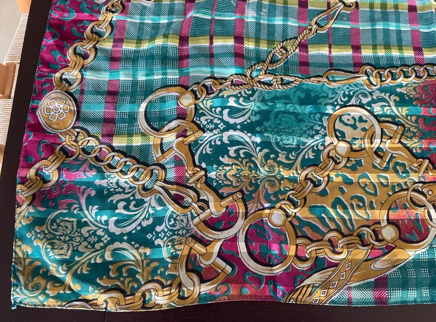 NECK SCARF Green Pink & Gold Stripe Check Chain & Charm Print Stunning Colours!