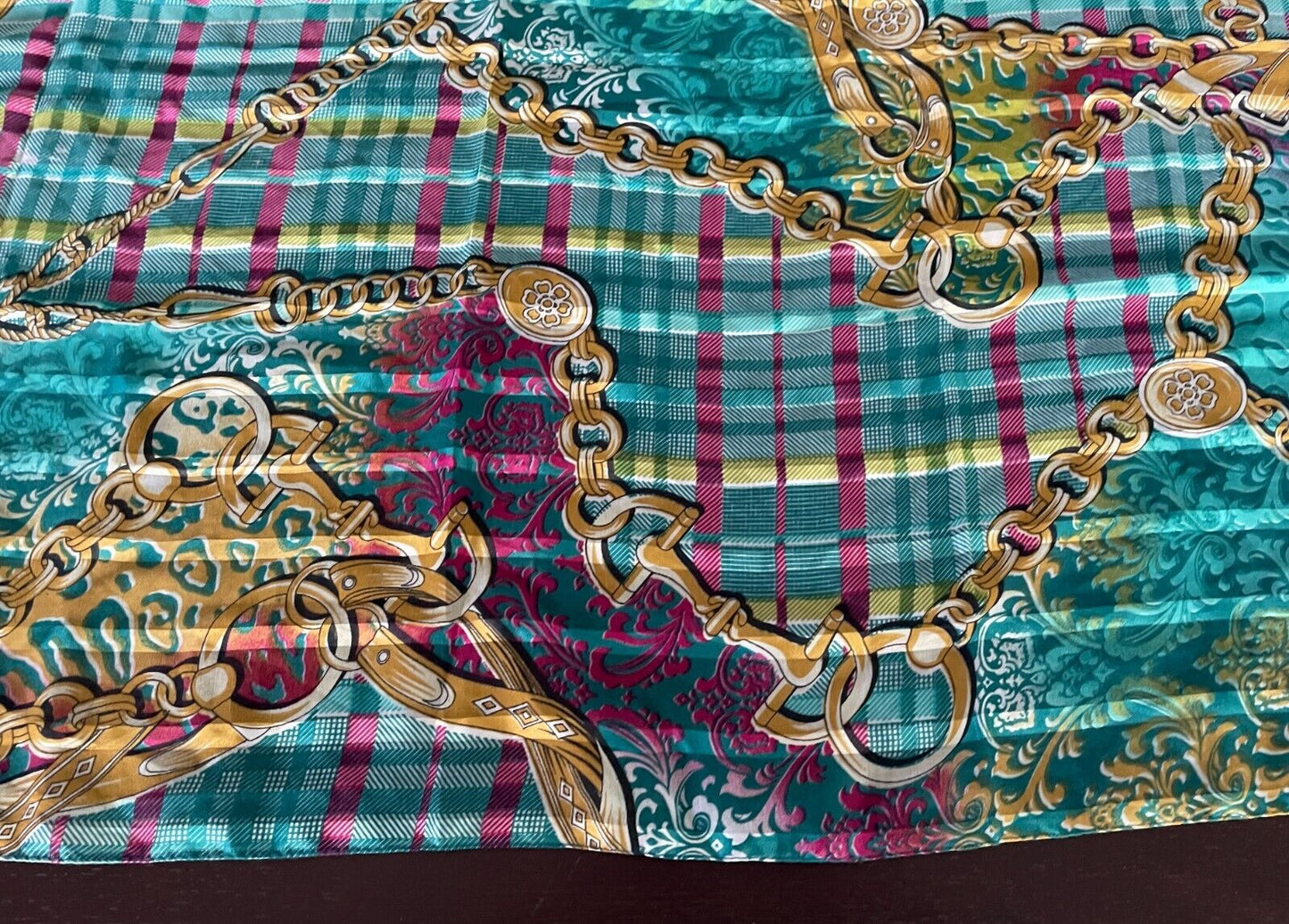 NECK SCARF Green Pink & Gold Stripe Check Chain & Charm Print Stunning Colours!