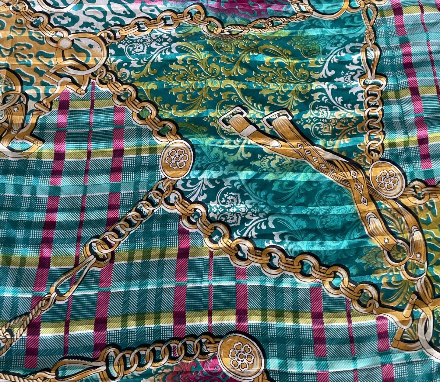 NECK SCARF Green Pink & Gold Stripe Check Chain & Charm Print Stunning Colours!