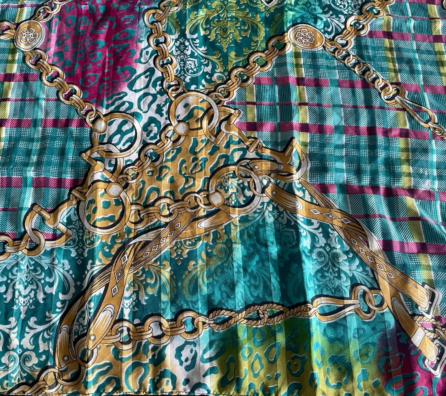 NECK SCARF Green Pink & Gold Stripe Check Chain & Charm Print Stunning Colours!