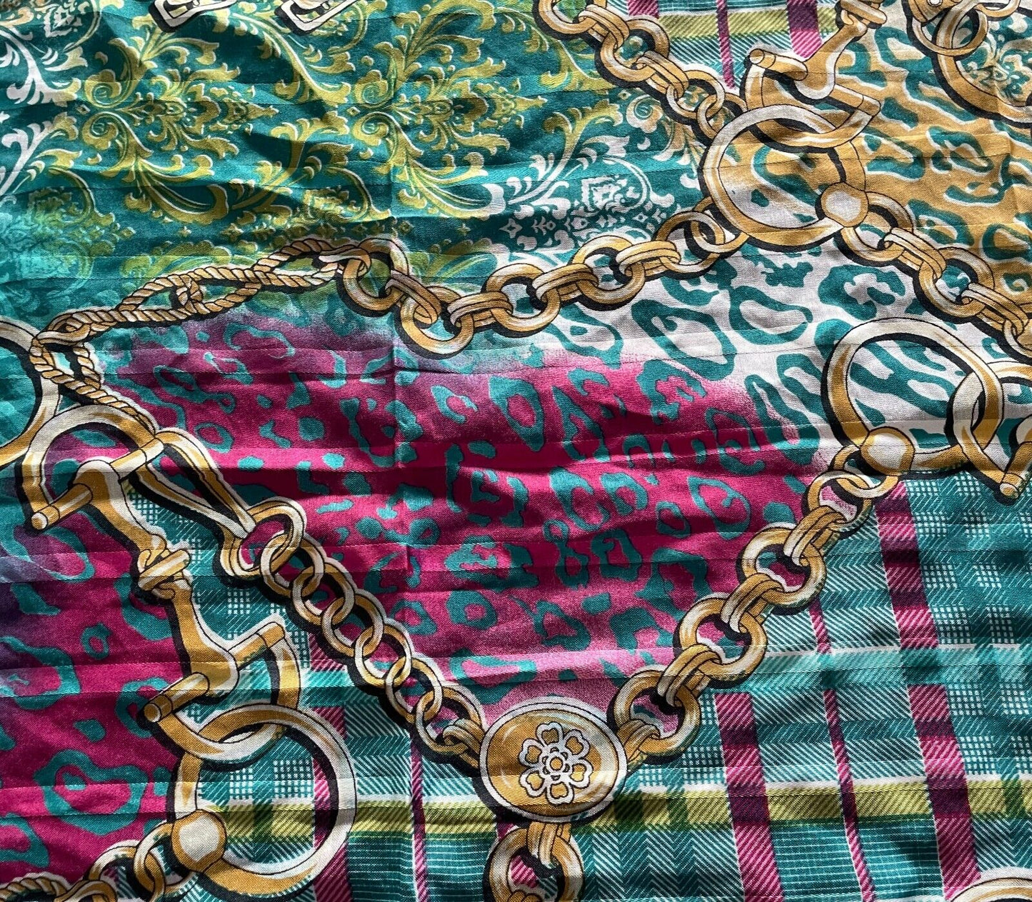 NECK SCARF Green Pink & Gold Stripe Check Chain & Charm Print Stunning Colours!