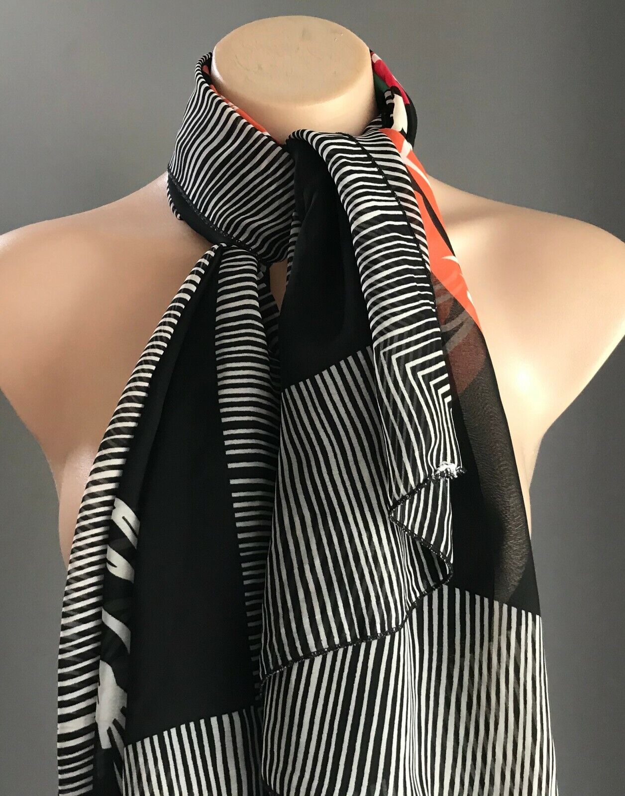 ROSES Neck Scarf Vintage Semi Sheer Colourful Floral & Stripe Print Wrap Stunner