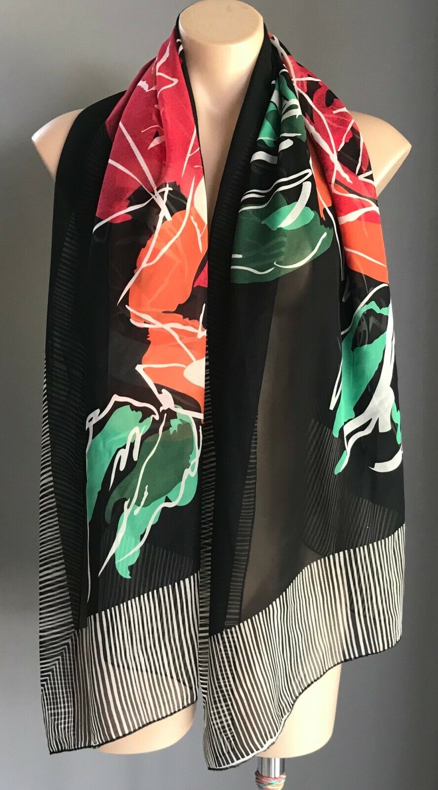 ROSES Neck Scarf Vintage Semi Sheer Colourful Floral & Stripe Print Wrap Stunner