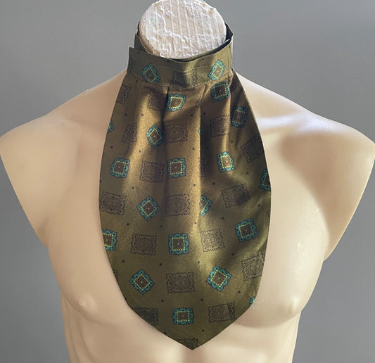 Mens Vintage NeckTie TOOTAL CRAVAT Khaki Neon Blue Tile Print Pre-Tied Ascot Tie