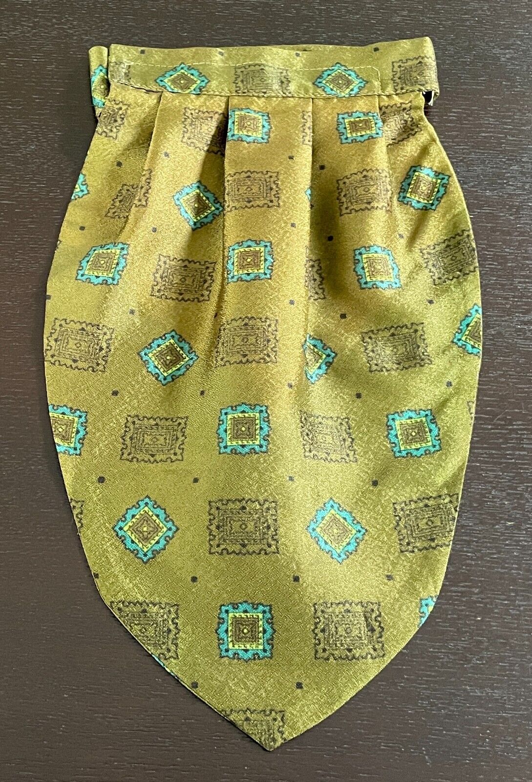 Mens Vintage NeckTie TOOTAL CRAVAT Khaki Neon Blue Tile Print Pre-Tied Ascot Tie