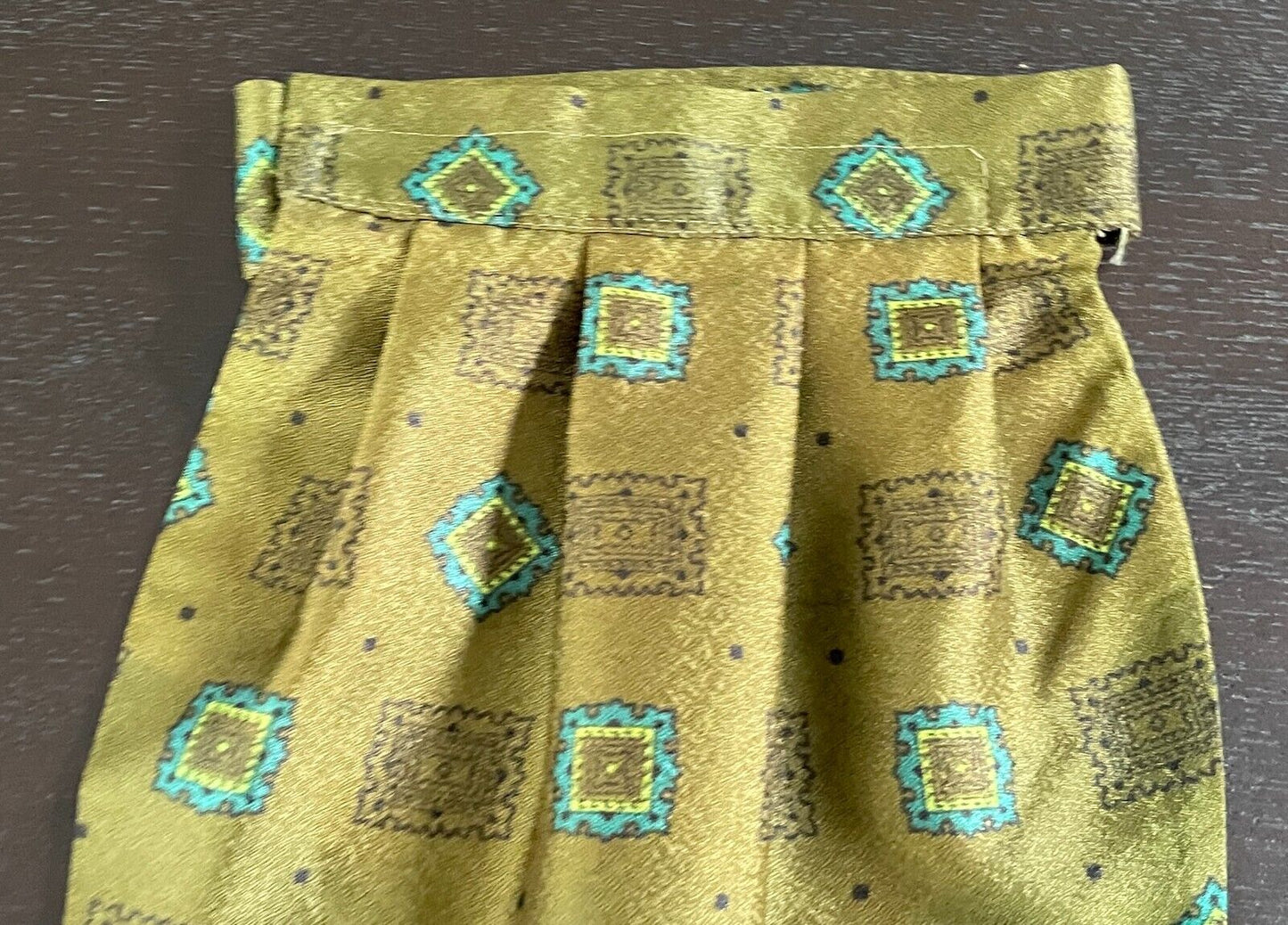 Mens Vintage NeckTie TOOTAL CRAVAT Khaki Neon Blue Tile Print Pre-Tied Ascot Tie