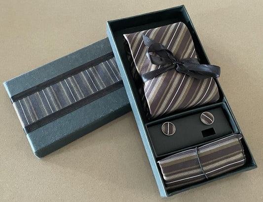 Mens Brown Silk Stripe NeckTie Cuff Links Pocket Handkerchief NEW IN GIFT BOX