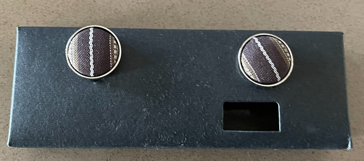 Mens Brown Silk Stripe NeckTie Cuff Links Pocket Handkerchief NEW IN GIFT BOX