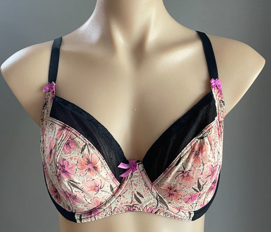 GEORGE Bra 34E Black Mesh Lace Trim Floral Print Underwire Adjustable Size 34 E