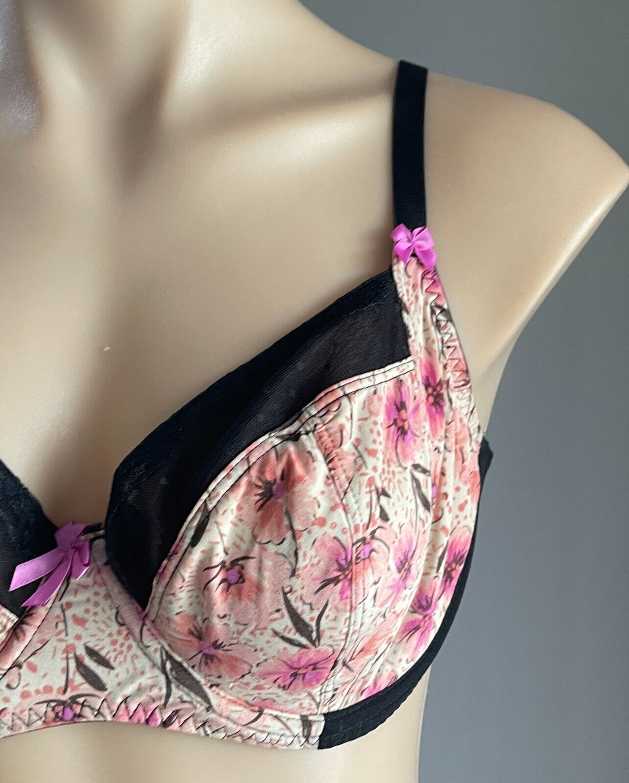 GEORGE Bra 34E Black Mesh Lace Trim Floral Print Underwire Adjustable Size 34 E