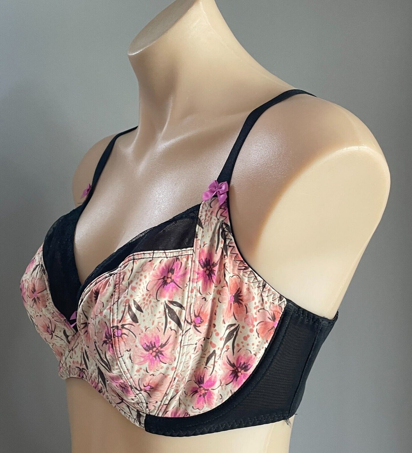 GEORGE Bra 34E Black Mesh Lace Trim Floral Print Underwire Adjustable Size 34 E