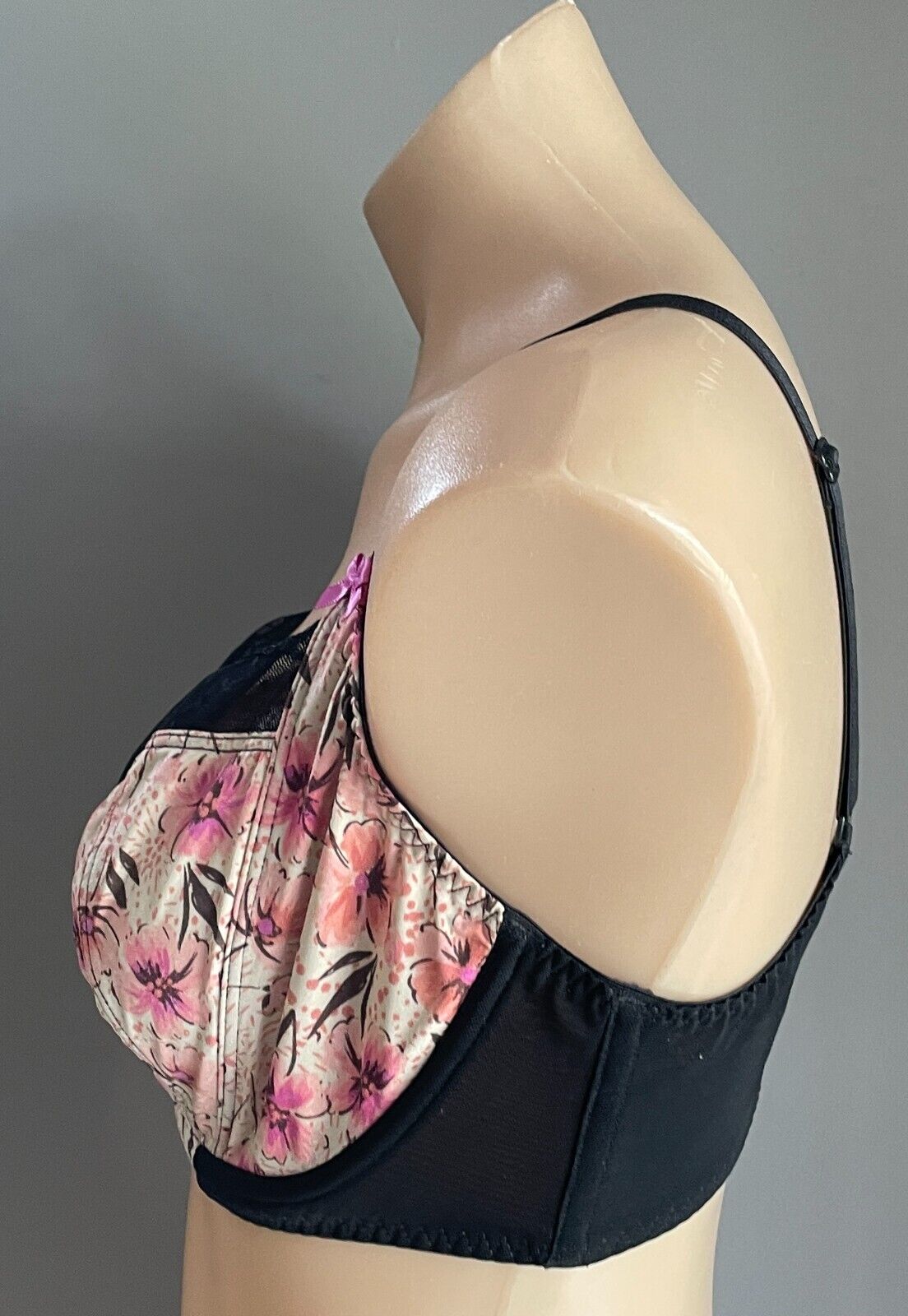 GEORGE Bra 34E Black Mesh Lace Trim Floral Print Underwire Adjustable Size 34 E