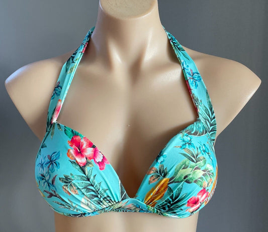 JETS by JESSIKA ALLEN Bikini Top Green Tropical Print Halter Neck BRA ONLY Sz 12