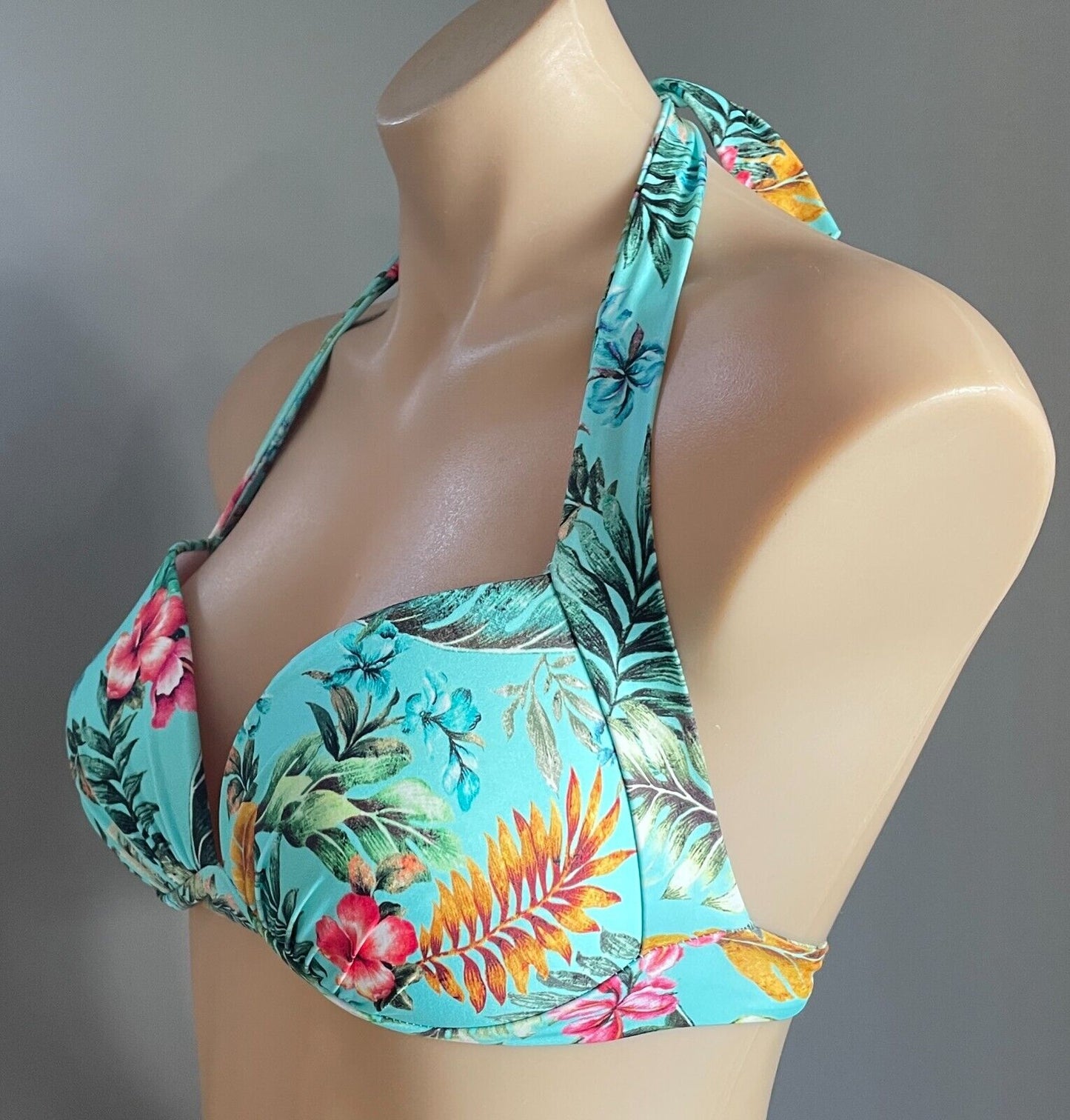 JETS by JESSIKA ALLEN Bikini Top Green Tropical Print Halter Neck BRA ONLY Sz 12