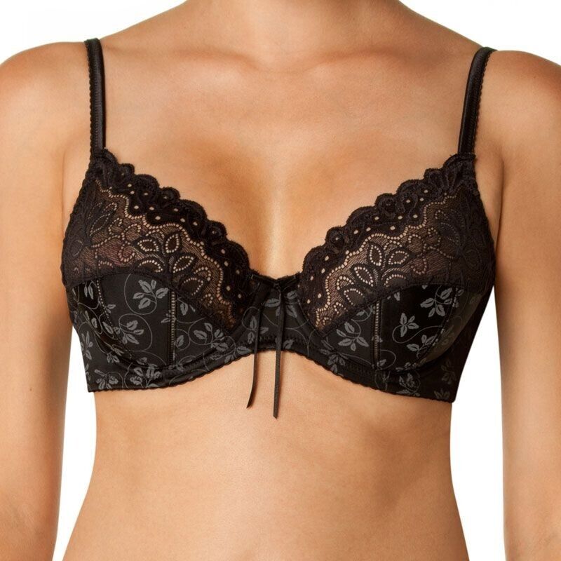 BENDON "Yvette" Bra 12D Black & Grey Floral Print Lace Trim Underwire