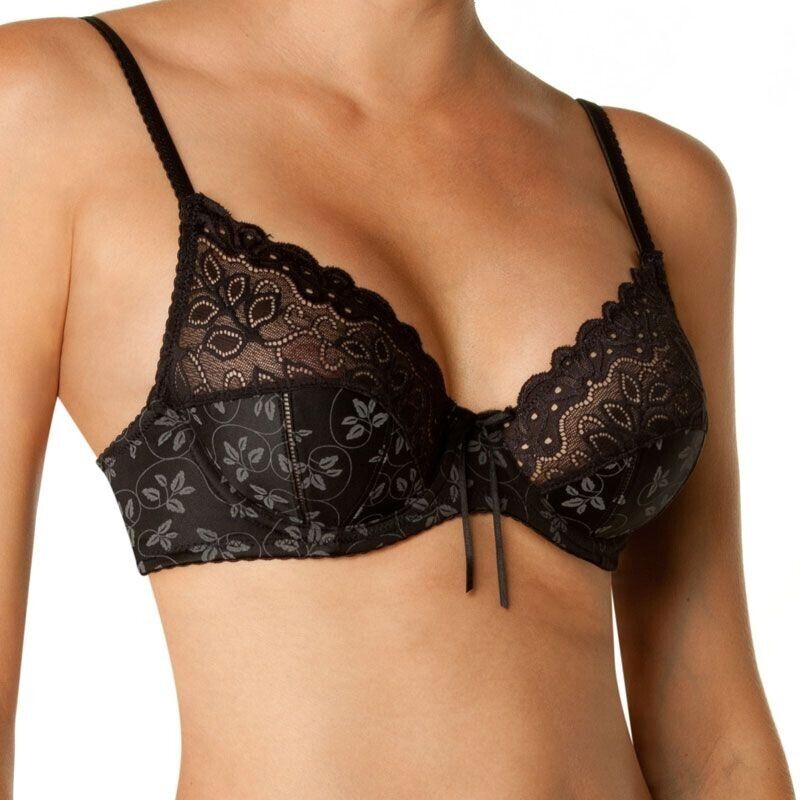 BENDON "Yvette" Bra 12D Black & Grey Floral Print Lace Trim Underwire