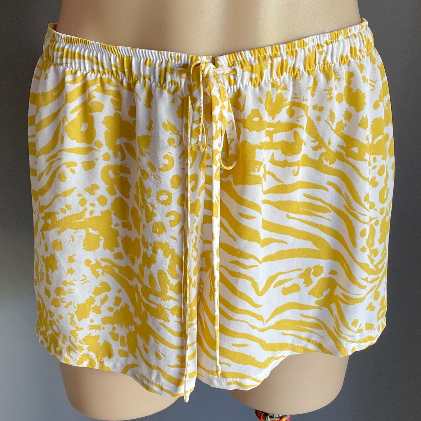 LILY LOVES Shorts Yellow White Stripe Animal Print Elastic Drawstring Size L NEW