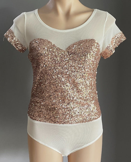 WHITE CLOSET Bodysuit White Mesh Net & Gold Sequin Short Sleeve Size 12  NEW
