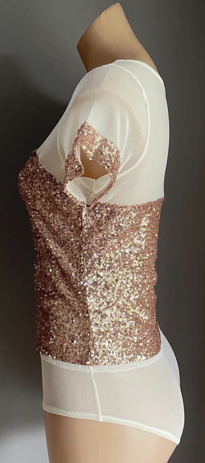 WHITE CLOSET Bodysuit White Mesh Net & Gold Sequin Short Sleeve Size 12  NEW