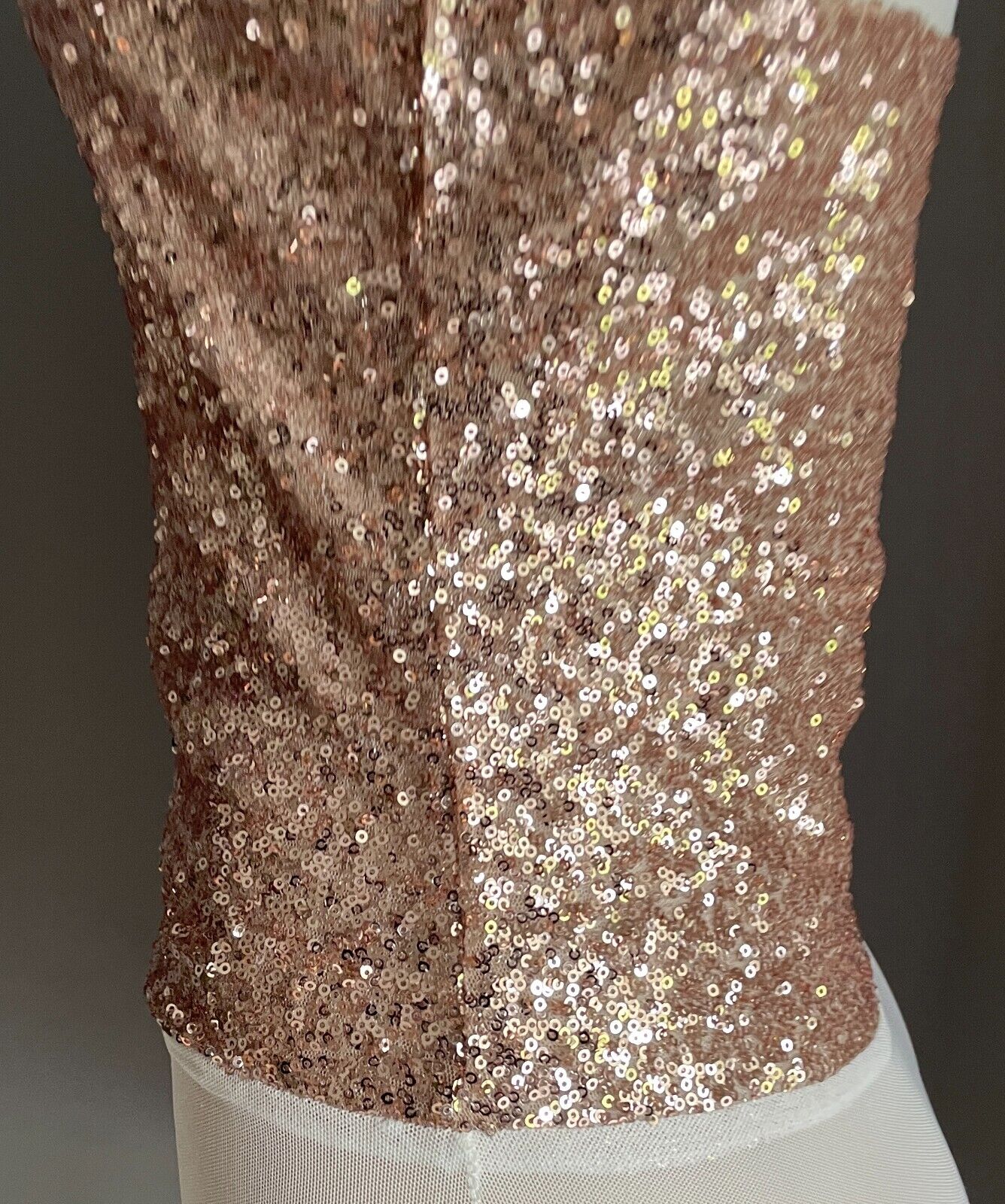 WHITE CLOSET Bodysuit White Mesh Net & Gold Sequin Short Sleeve Size 12  NEW