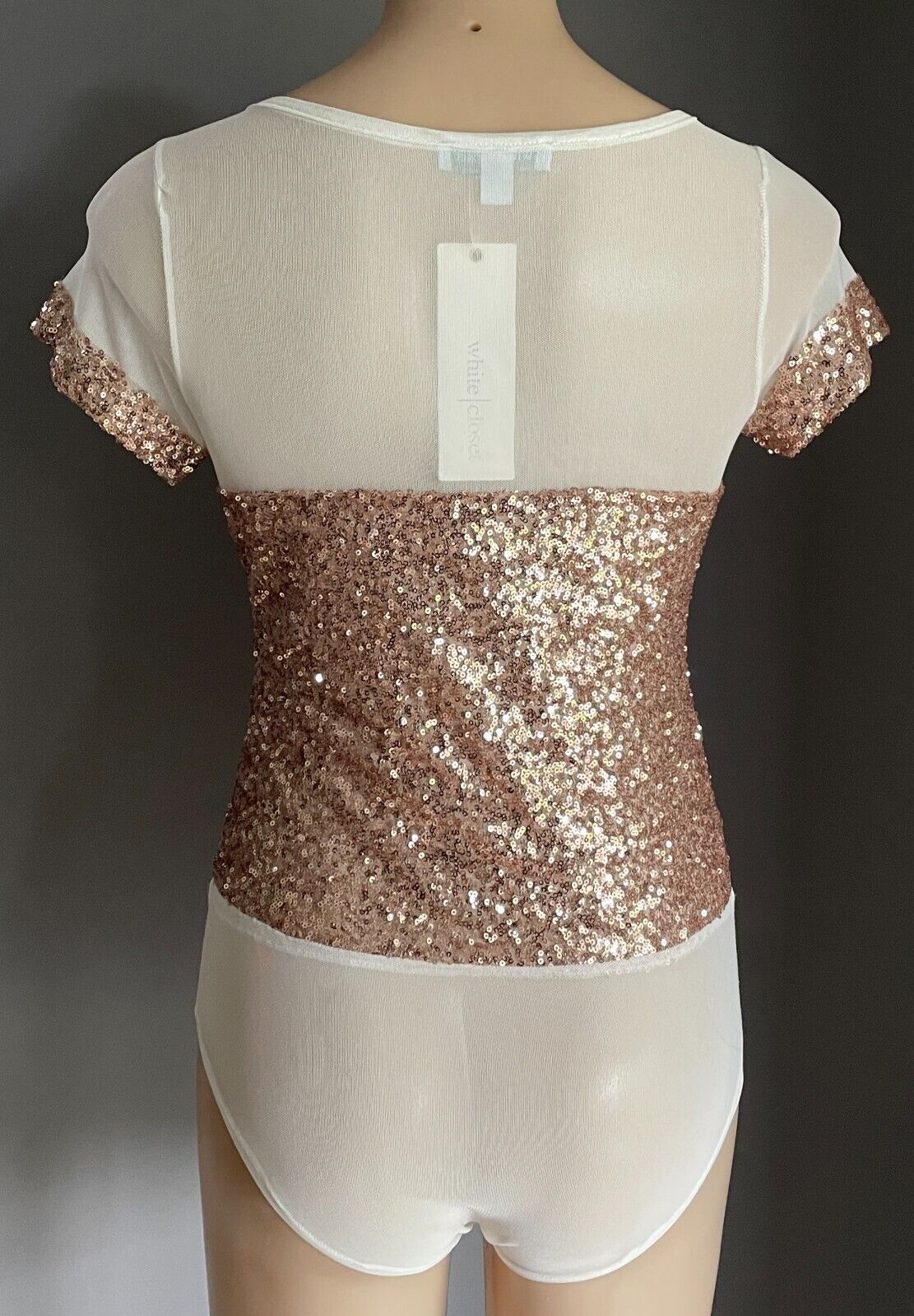 WHITE CLOSET Bodysuit White Mesh Net & Gold Sequin Short Sleeve Size 12  NEW