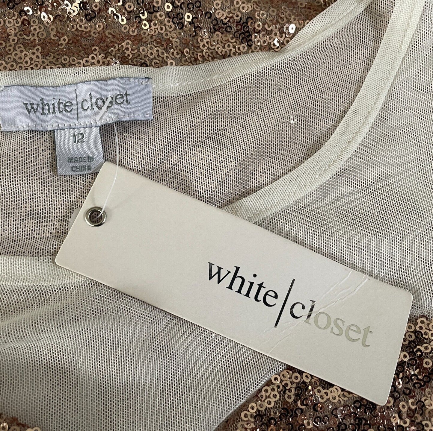 WHITE CLOSET Bodysuit White Mesh Net & Gold Sequin Short Sleeve Size 12  NEW