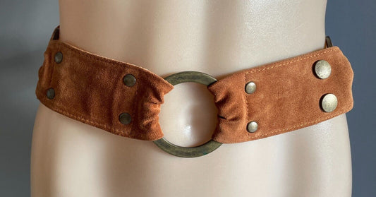 MUSEUM Suede Leather Belt 5.5cm Tan Brass Ring Detail Size S Fit Waist 82cm