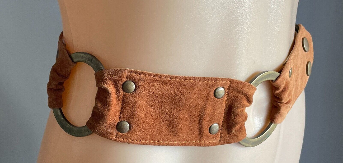 MUSEUM Suede Leather Belt 5.5cm Tan Brass Ring Detail Size S Fit Waist 82cm