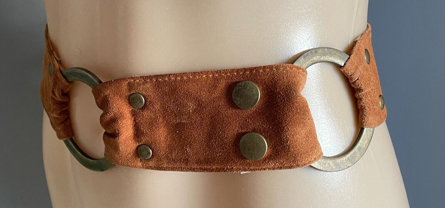 MUSEUM Suede Leather Belt 5.5cm Tan Brass Ring Detail Size S Fit Waist 82cm