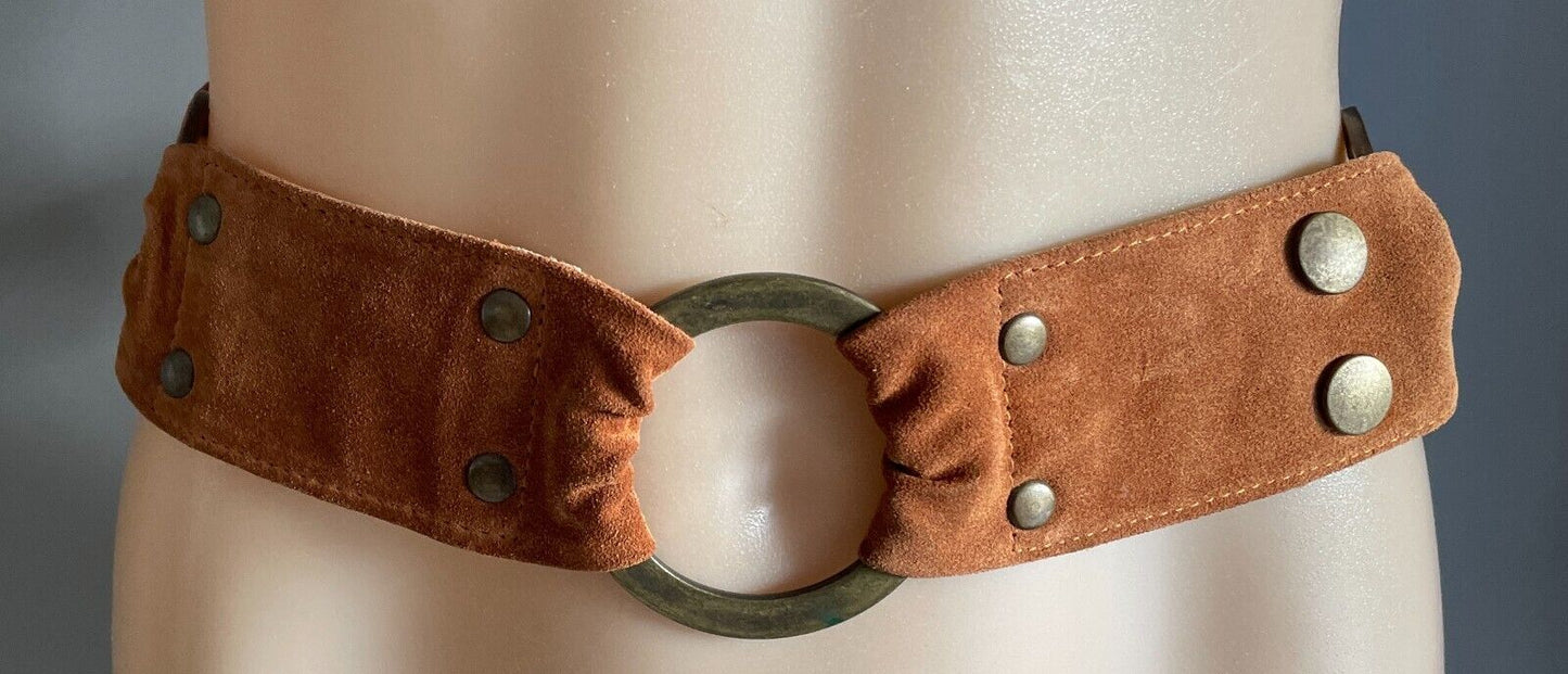 MUSEUM Suede Leather Belt 5.5cm Tan Brass Ring Detail Size S Fit Waist 82cm