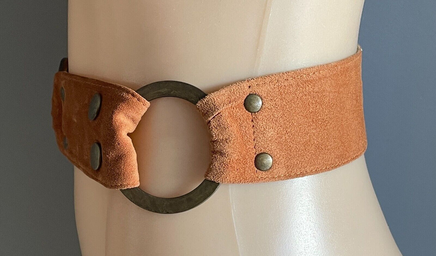 MUSEUM Suede Leather Belt 5.5cm Tan Brass Ring Detail Size S Fit Waist 82cm