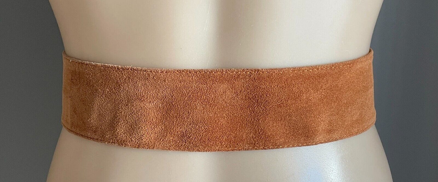 MUSEUM Suede Leather Belt 5.5cm Tan Brass Ring Detail Size S Fit Waist 82cm