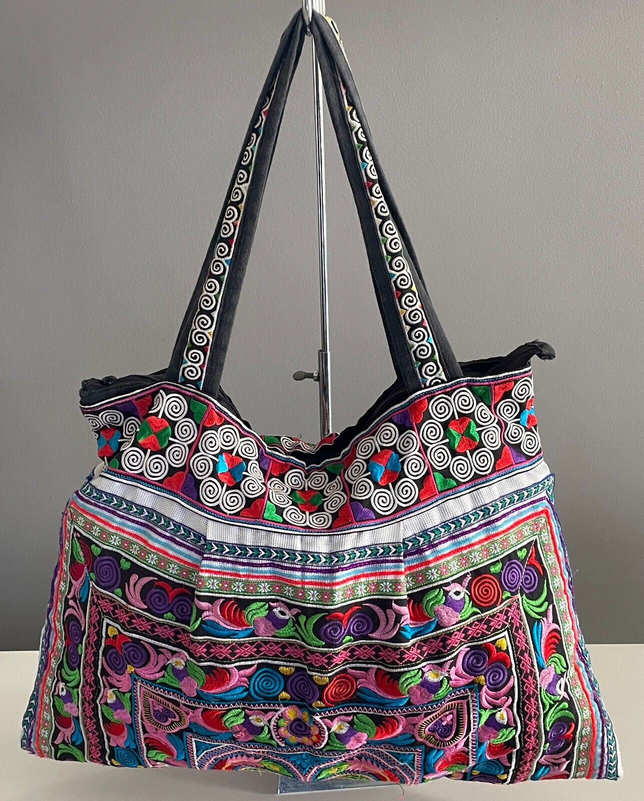 Boho SHOULDER BAG Bright Multicolour Embroidered Print Fabric Large Size