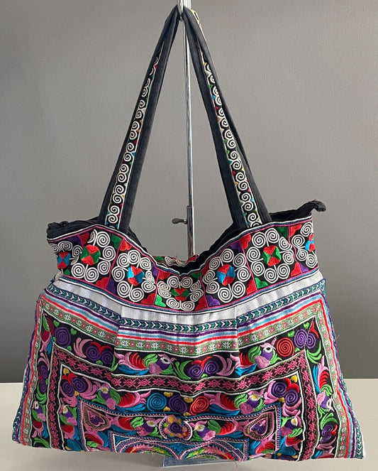 Boho SHOULDER BAG Bright Multicolour Embroidered Print Fabric Large Size