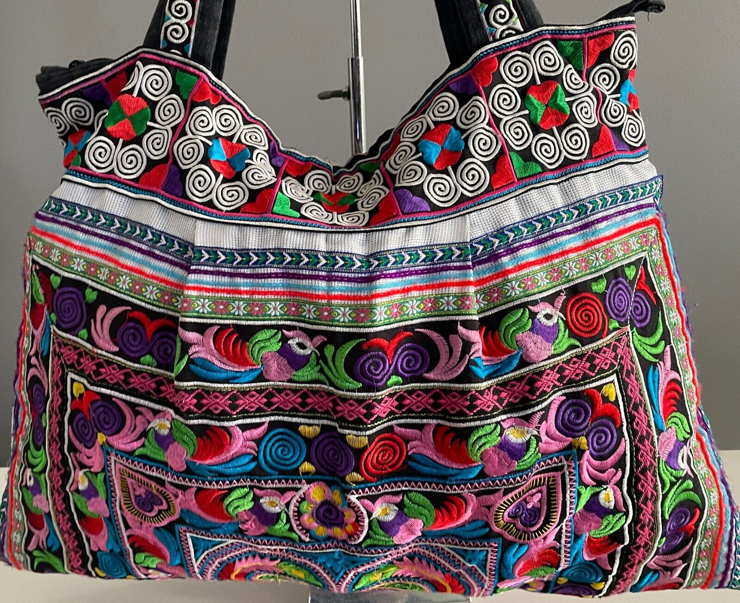 Boho SHOULDER BAG Bright Multicolour Embroidered Print Fabric Large Size
