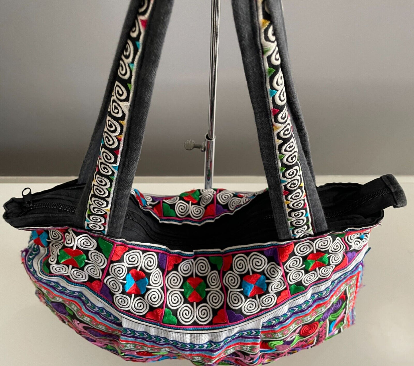 Boho SHOULDER BAG Bright Multicolour Embroidered Print Fabric Large Size