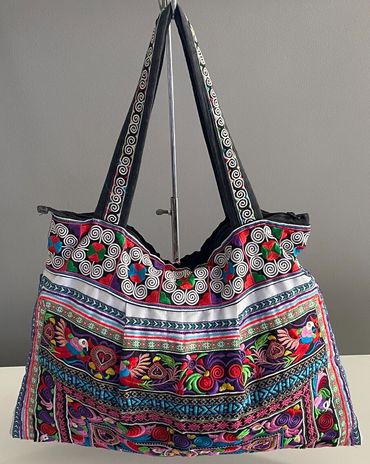 Boho SHOULDER BAG Bright Multicolour Embroidered Print Fabric Large Size