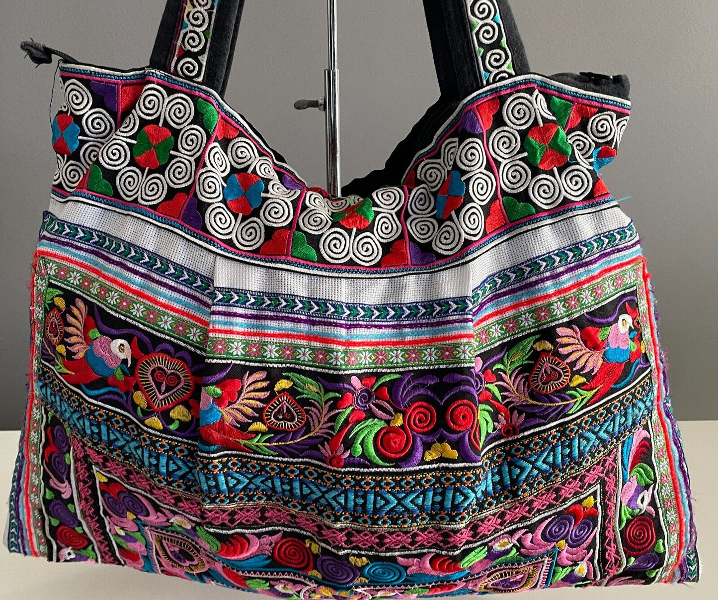Boho SHOULDER BAG Bright Multicolour Embroidered Print Fabric Large Size