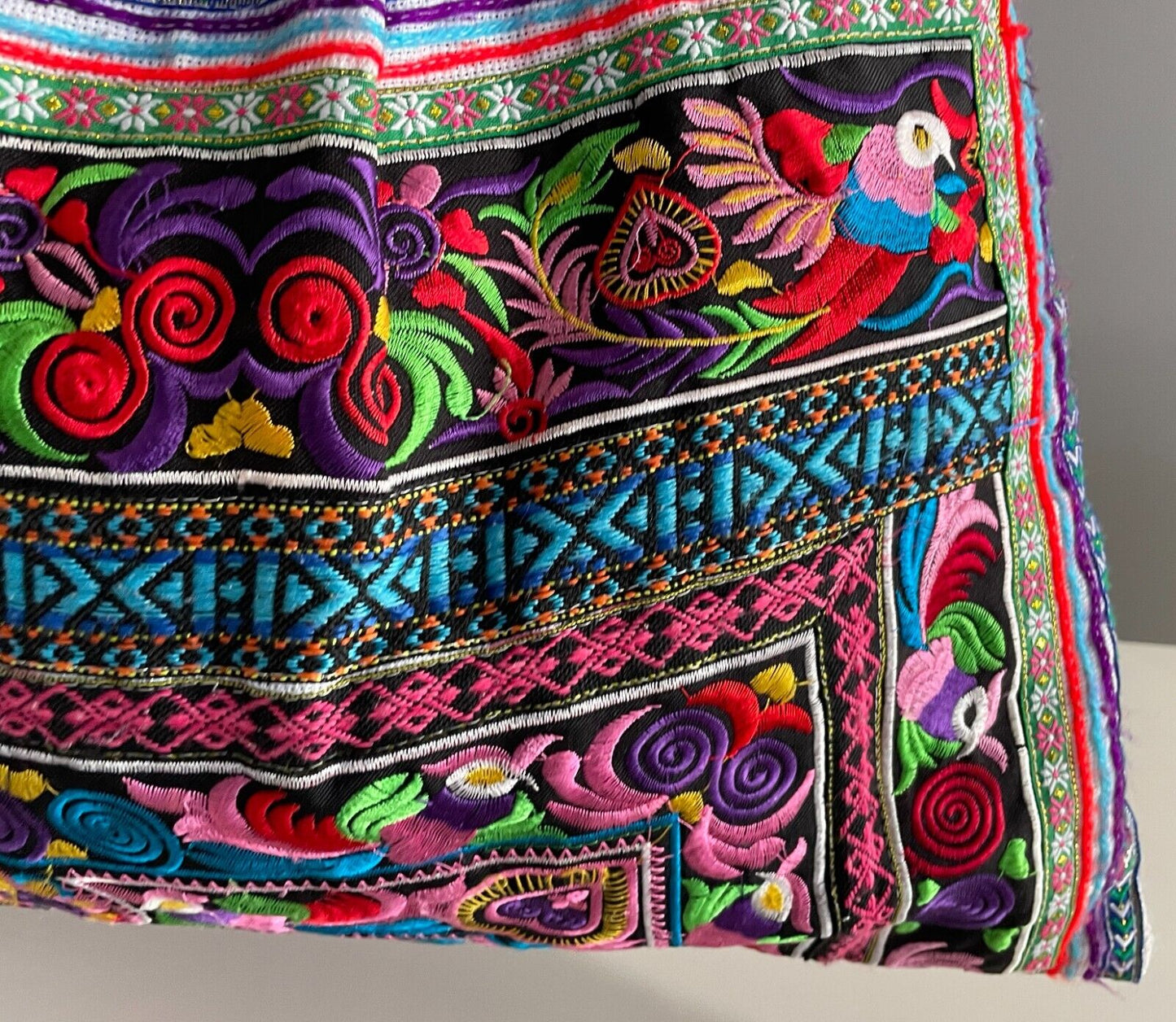 Boho SHOULDER BAG Bright Multicolour Embroidered Print Fabric Large Size