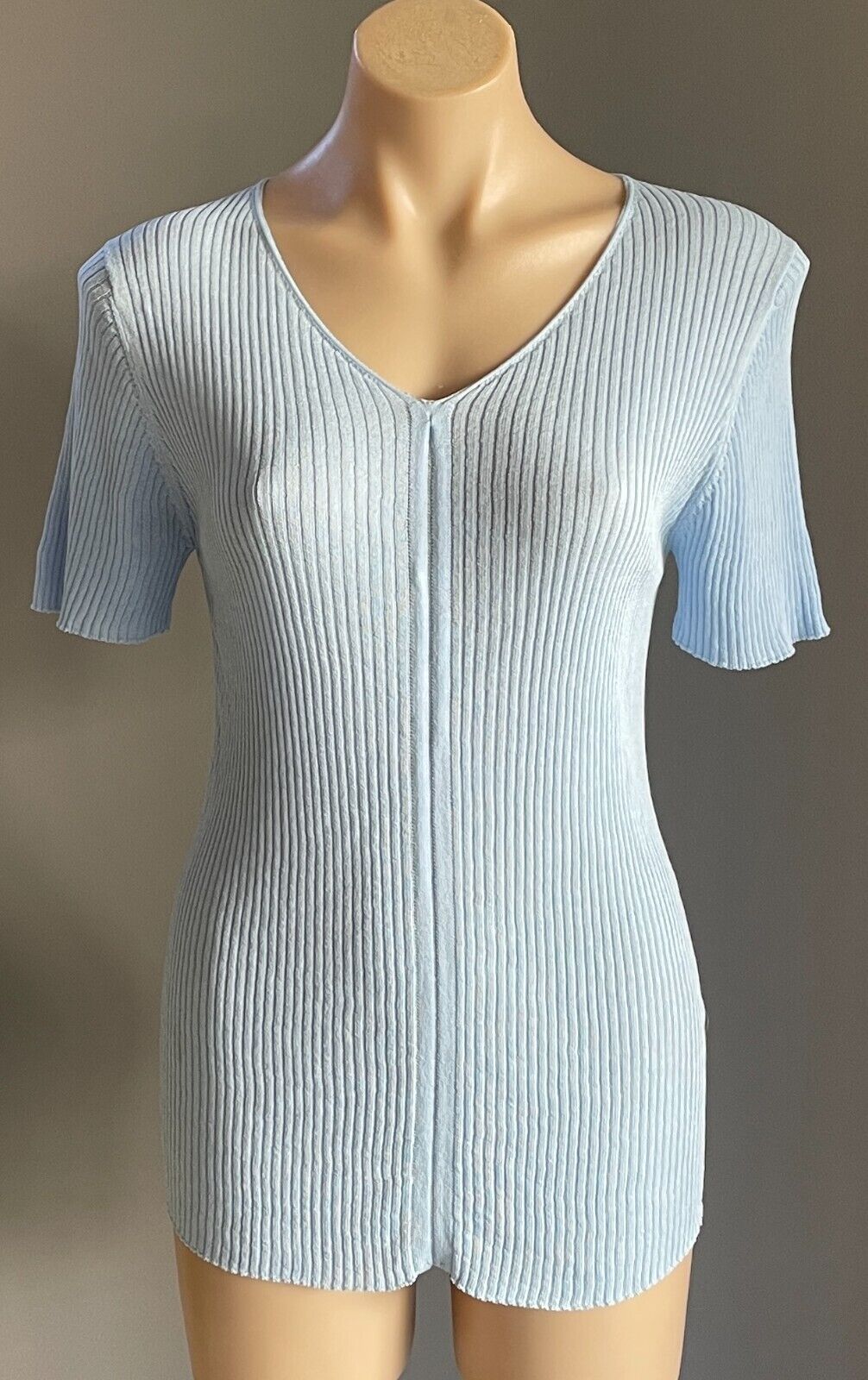 THANNE Baby Blue Ribbed Knit Short Sleeve Stretch Top Size M L 10 12 1970s Look