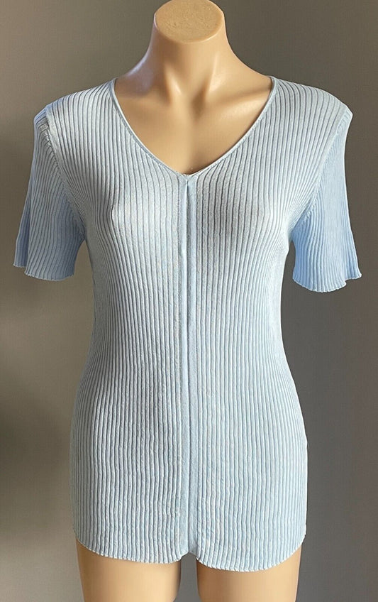 THANNE Baby Blue Ribbed Knit Short Sleeve Stretch Top Size M L 10 12 1970s Look