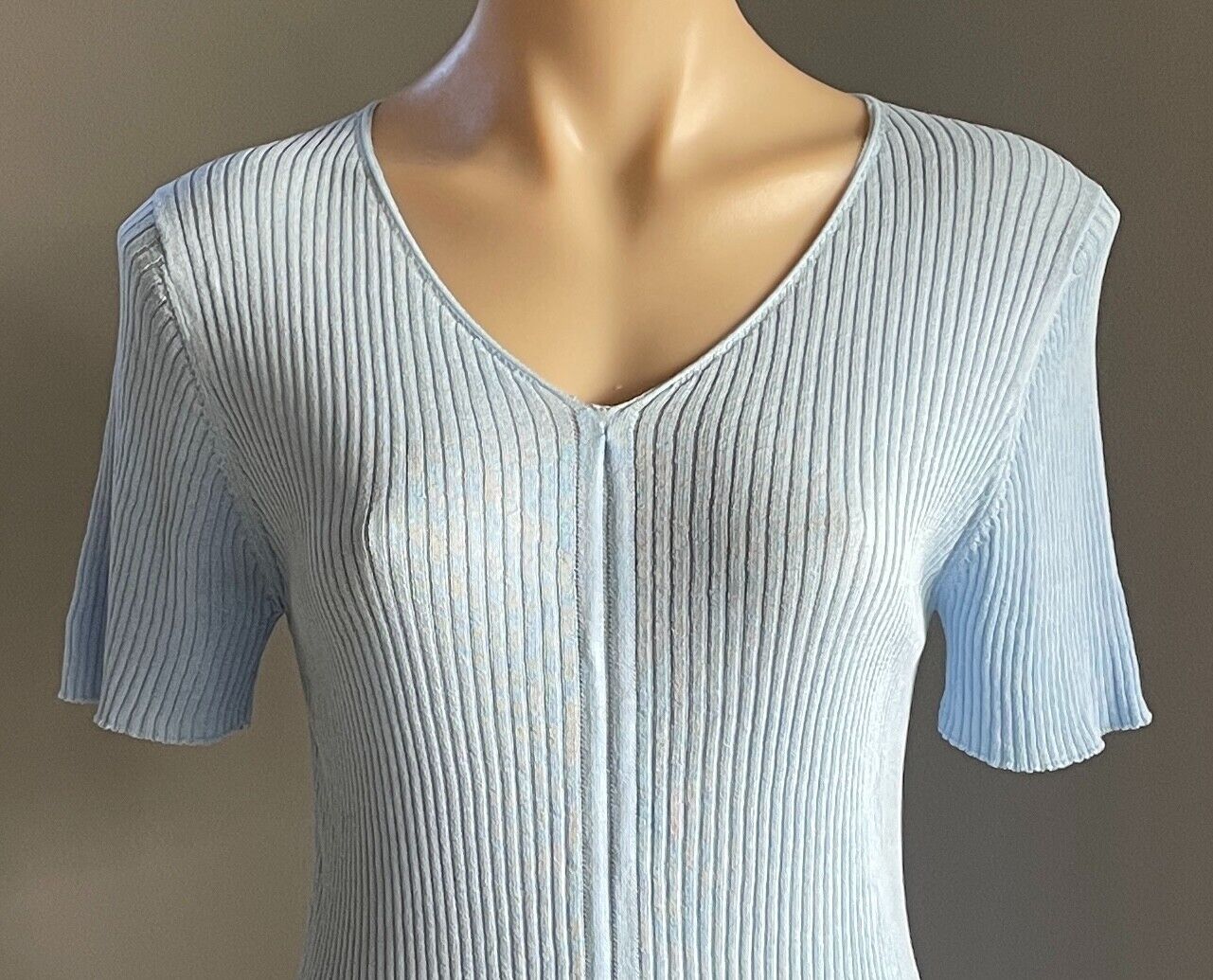 THANNE Baby Blue Ribbed Knit Short Sleeve Stretch Top Size M L 10 12 1970s Look
