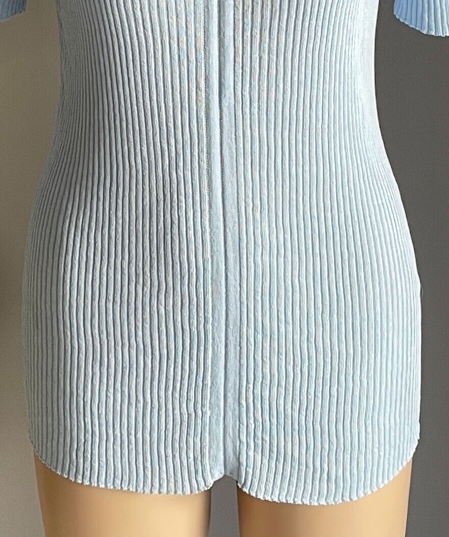 THANNE Baby Blue Ribbed Knit Short Sleeve Stretch Top Size M L 10 12 1970s Look
