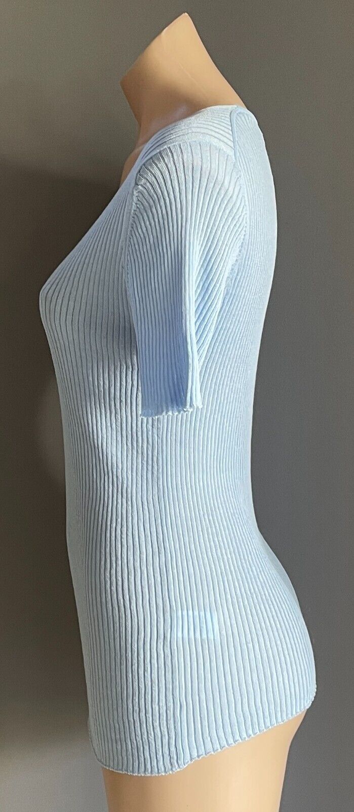 THANNE Baby Blue Ribbed Knit Short Sleeve Stretch Top Size M L 10 12 1970s Look
