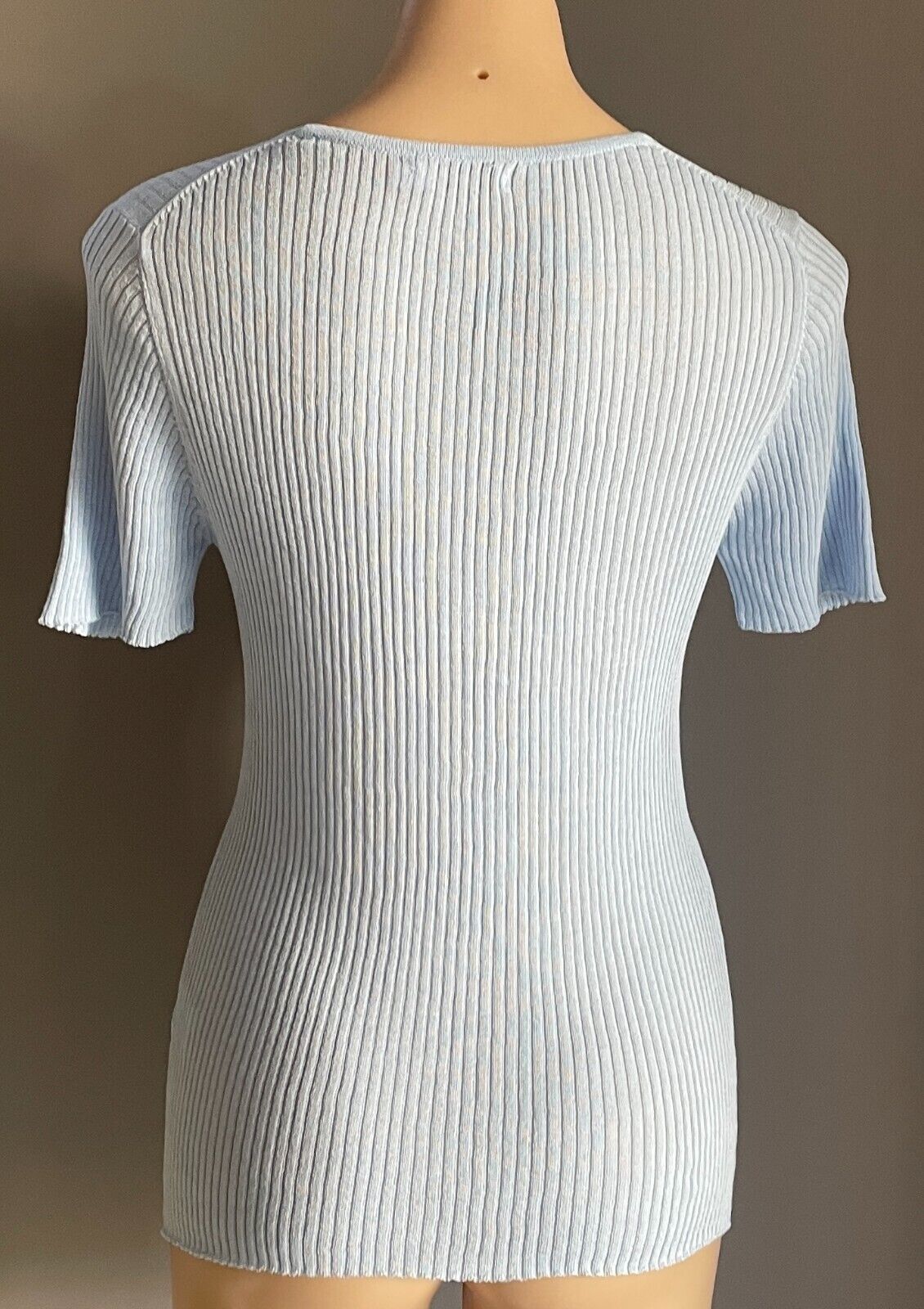THANNE Baby Blue Ribbed Knit Short Sleeve Stretch Top Size M L 10 12 1970s Look