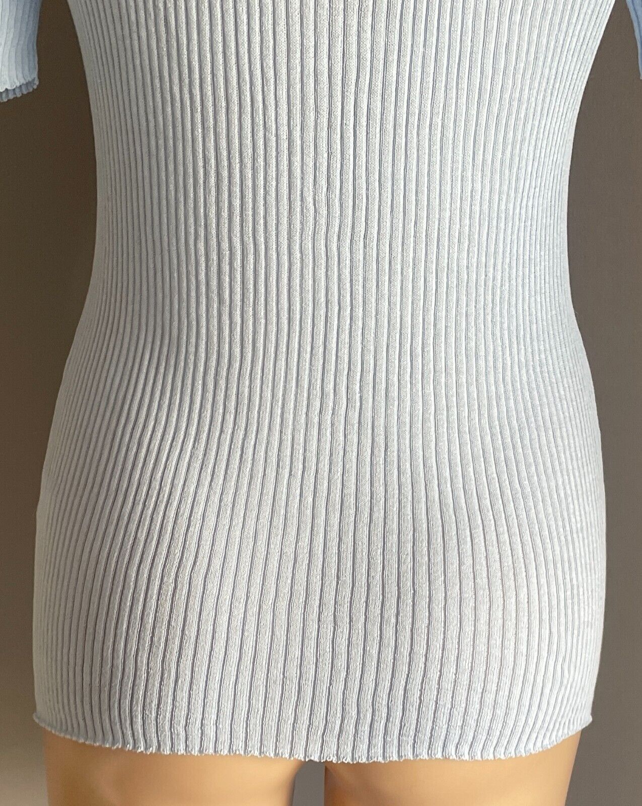 THANNE Baby Blue Ribbed Knit Short Sleeve Stretch Top Size M L 10 12 1970s Look