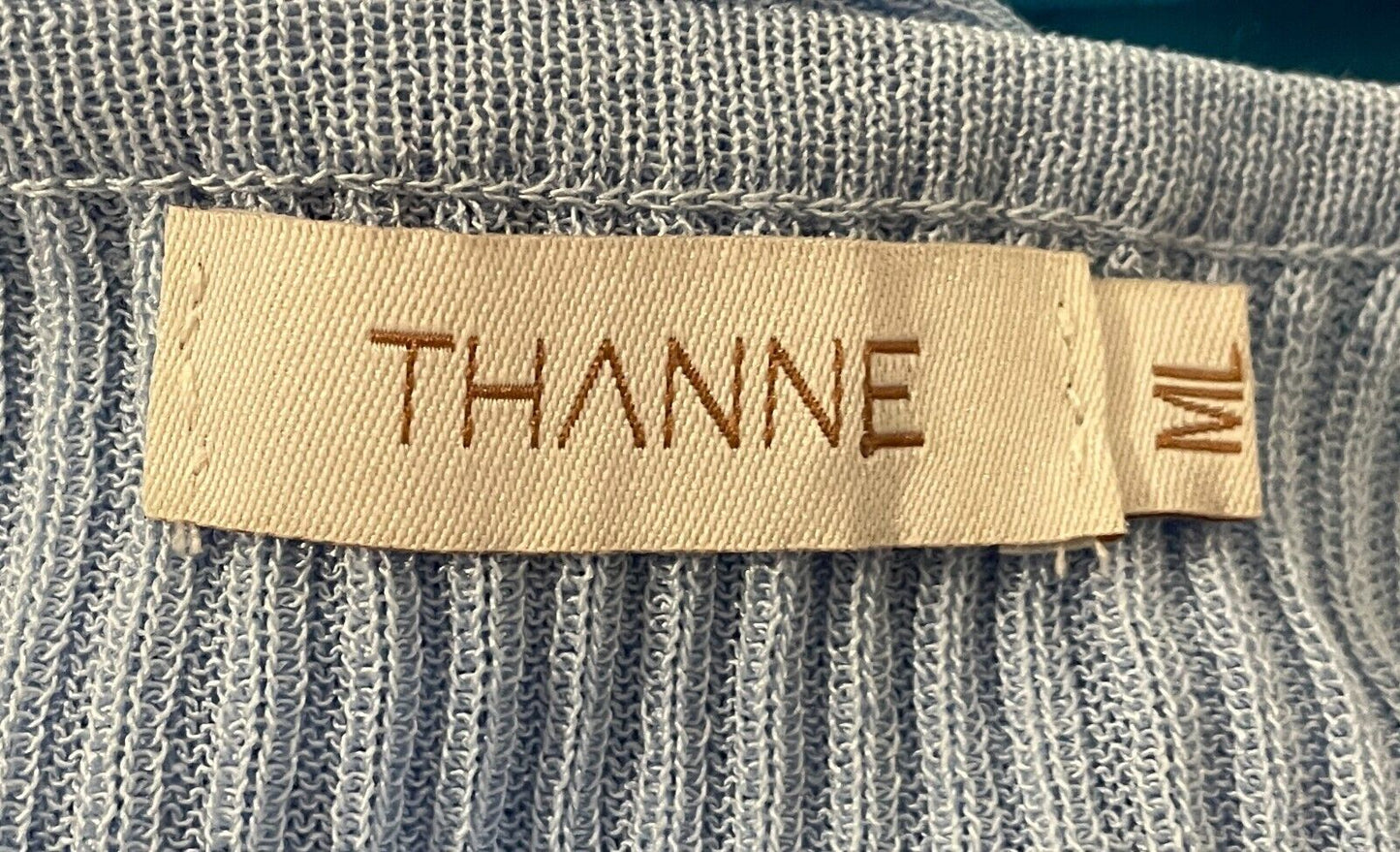 THANNE Baby Blue Ribbed Knit Short Sleeve Stretch Top Size M L 10 12 1970s Look