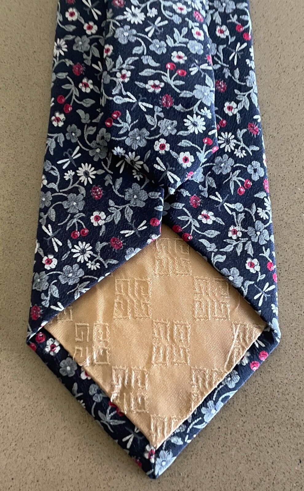 Mens Silk Tie GIVENCHY Navy Grey White Cerise Floral Hand Made Paris NeckTie