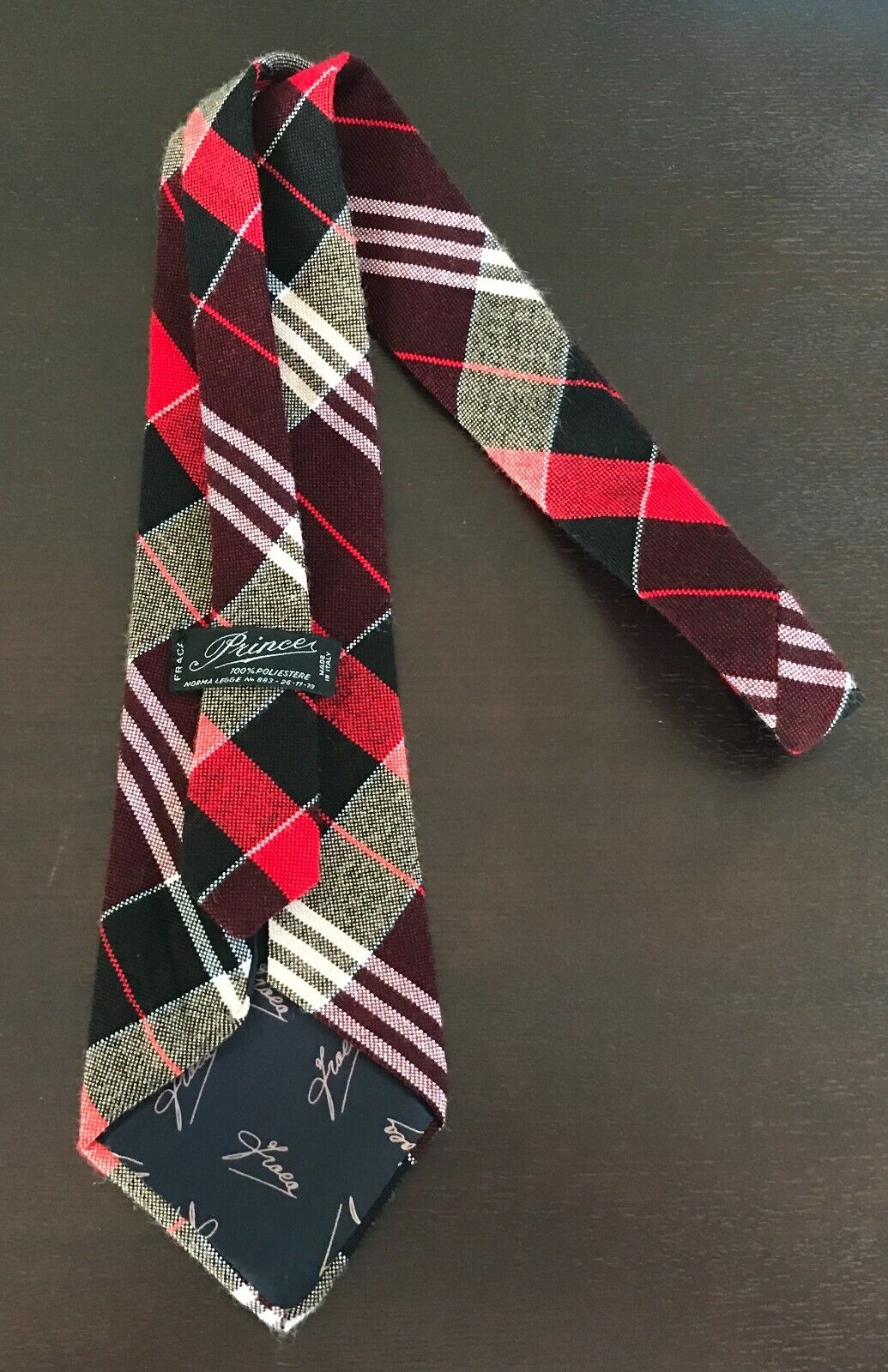 Vintage 1973 Mens Wide PRINCE Tie Red Black Tan Wool Feel Plaid Tartan Tie Italy