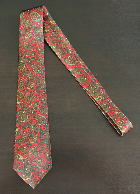 Mens Satin Tie ITALIAN Red Grey & Gold Paisley Print NeckTie New in Pack